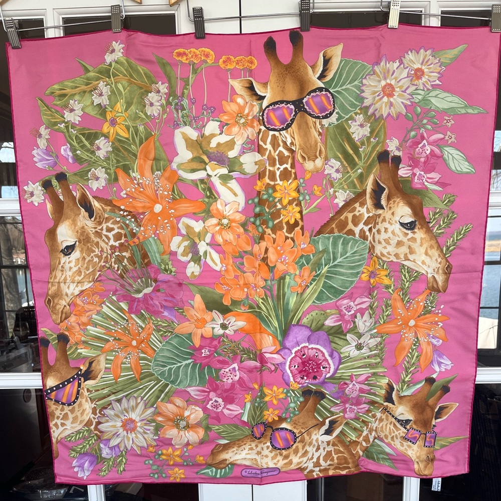 Salvatore Ferragamo Pink Silk Scarf with Giraffe & Multicolor Accents
